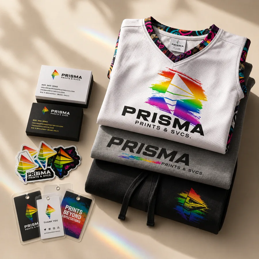 PRISMA custom apparel, stickers and business cards flat-lay